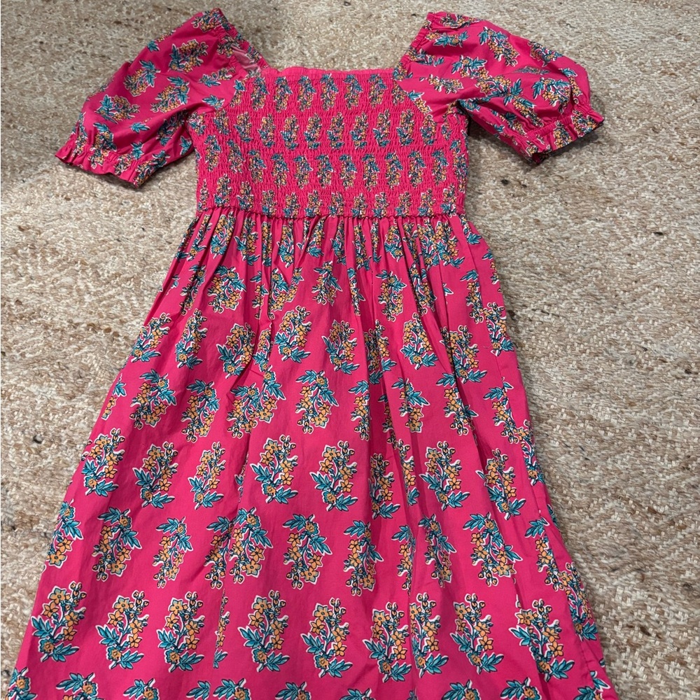 J. Crew Factory Bright Pink Floral Smocked Puff-Sleeve Dress
